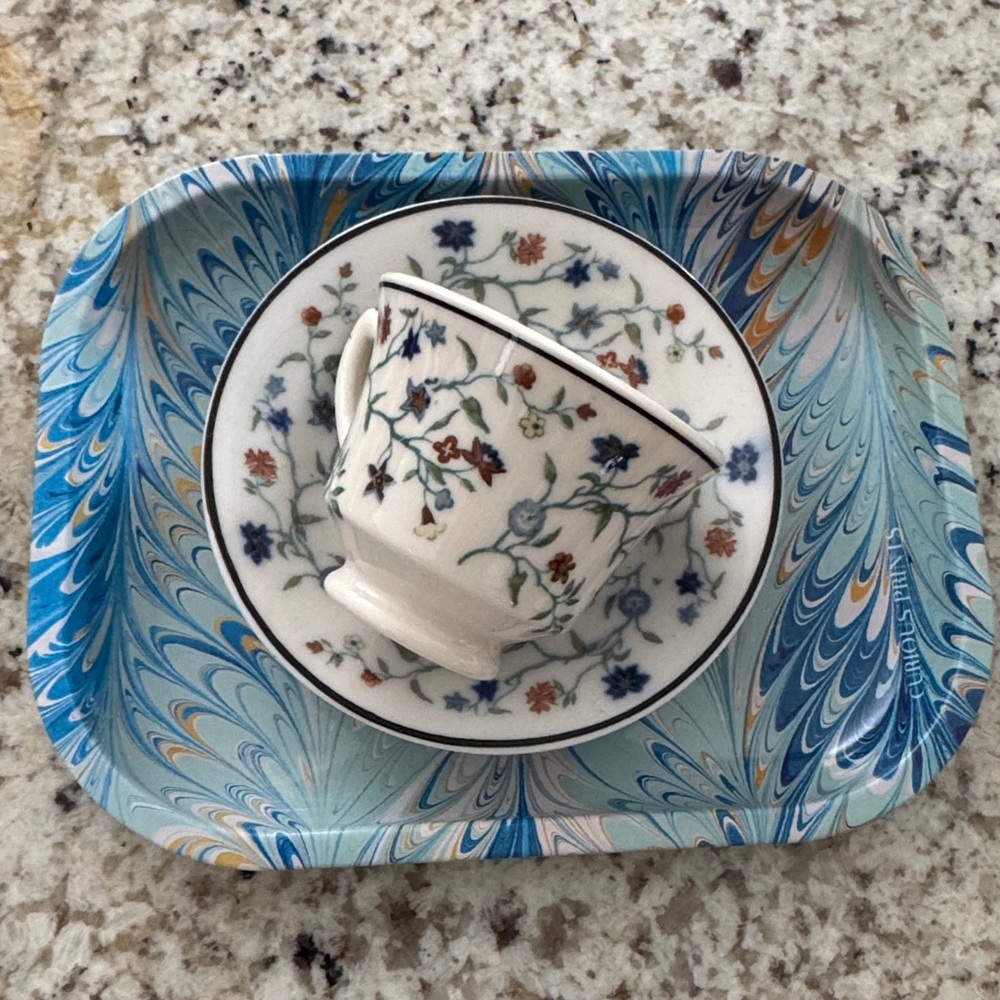 Syracuse China White Espresso Cup and Saucer with a metal tray